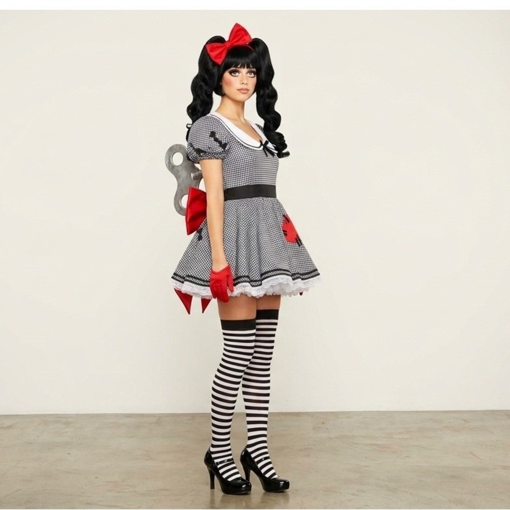 Wind-Me-Up Dolly Costume Women Leg Avenue Set Gingham Dress Bows Size Small